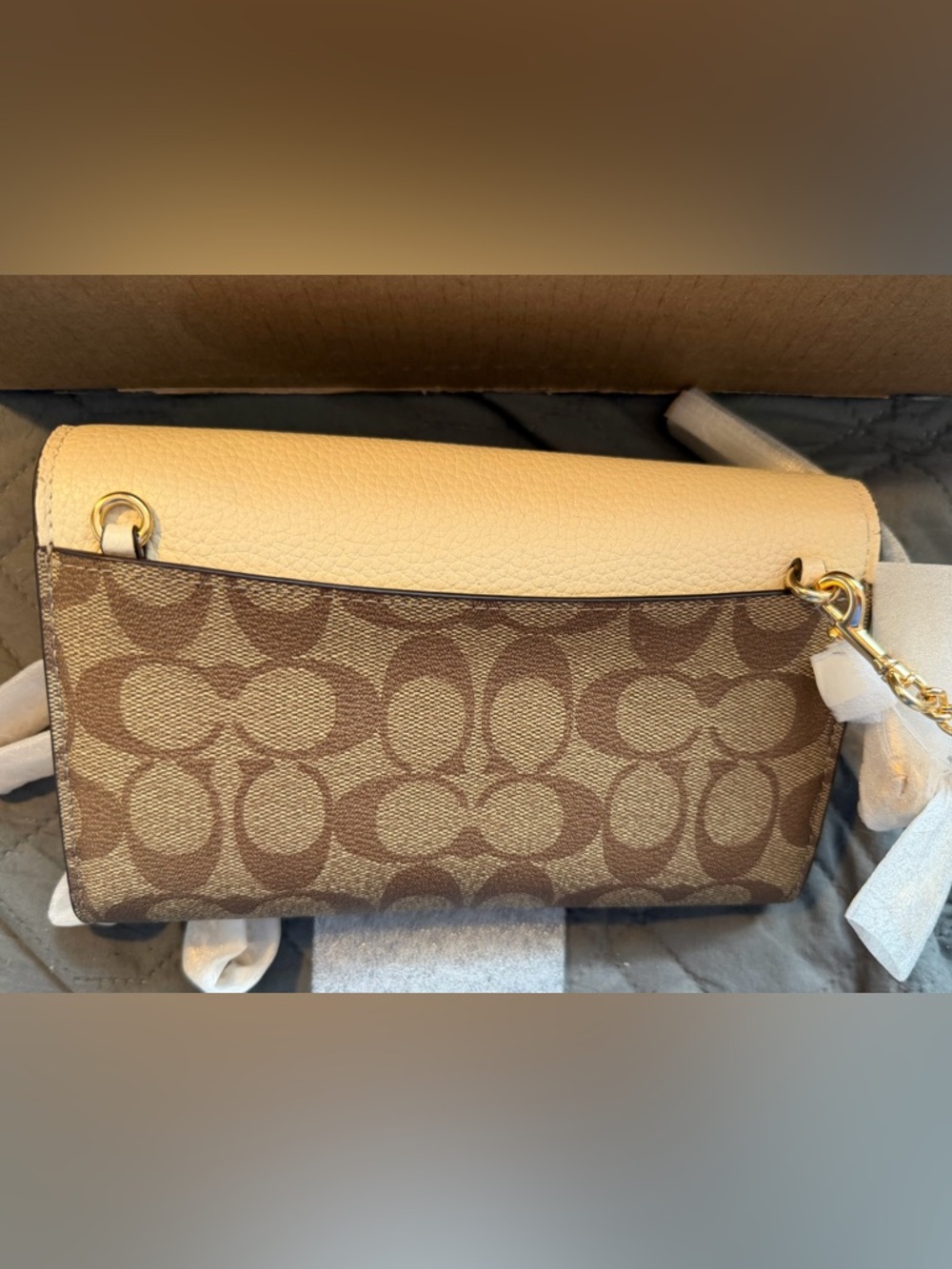 Coach Elle Chain Crossbody Signature Canvas Khaki Chalk Leather NWT Full Set - Picture 5 of 11